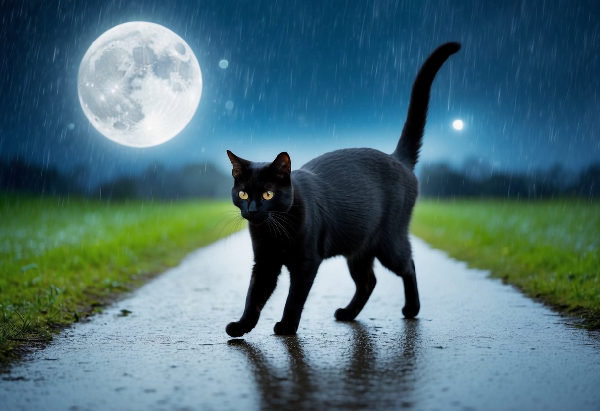 A black cat crossing a path under a full moon on a rainy May night