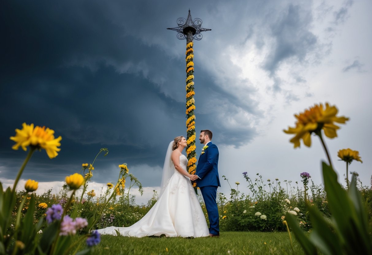 A bride and groom standing under a blooming maypole, surrounded by wilting flowers and ominous storm clouds