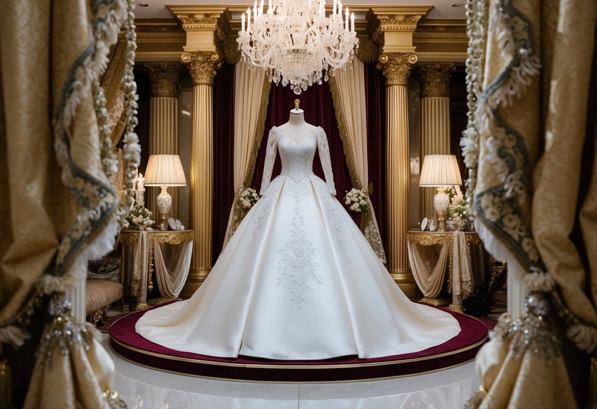 A grand wedding dress displayed in an opulent setting, surrounded by luxurious fabrics and intricate details