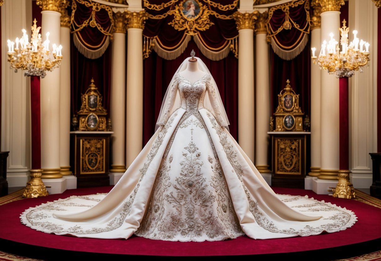 A grand and opulent wedding gown displayed in a regal setting, adorned with intricate embroidery and luxurious fabrics, evoking the cultural and symbolic significance of Queen Elizabeth's wedding attire