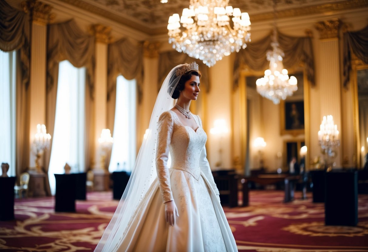A grand ballroom with opulent decorations, showcasing Queen Elizabeth's iconic wedding dress on a mannequin