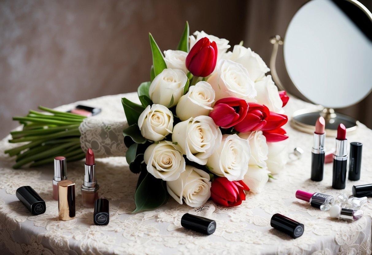 A bride's bouquet of white roses and red tulips rests on a lace-covered table, surrounded by scattered lipstick tubes and a mirror