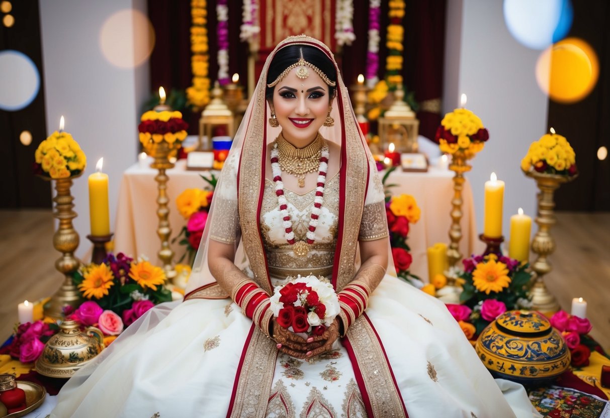 A bride in a traditional wedding gown surrounded by symbolic elements like flowers, candles, and cultural artifacts