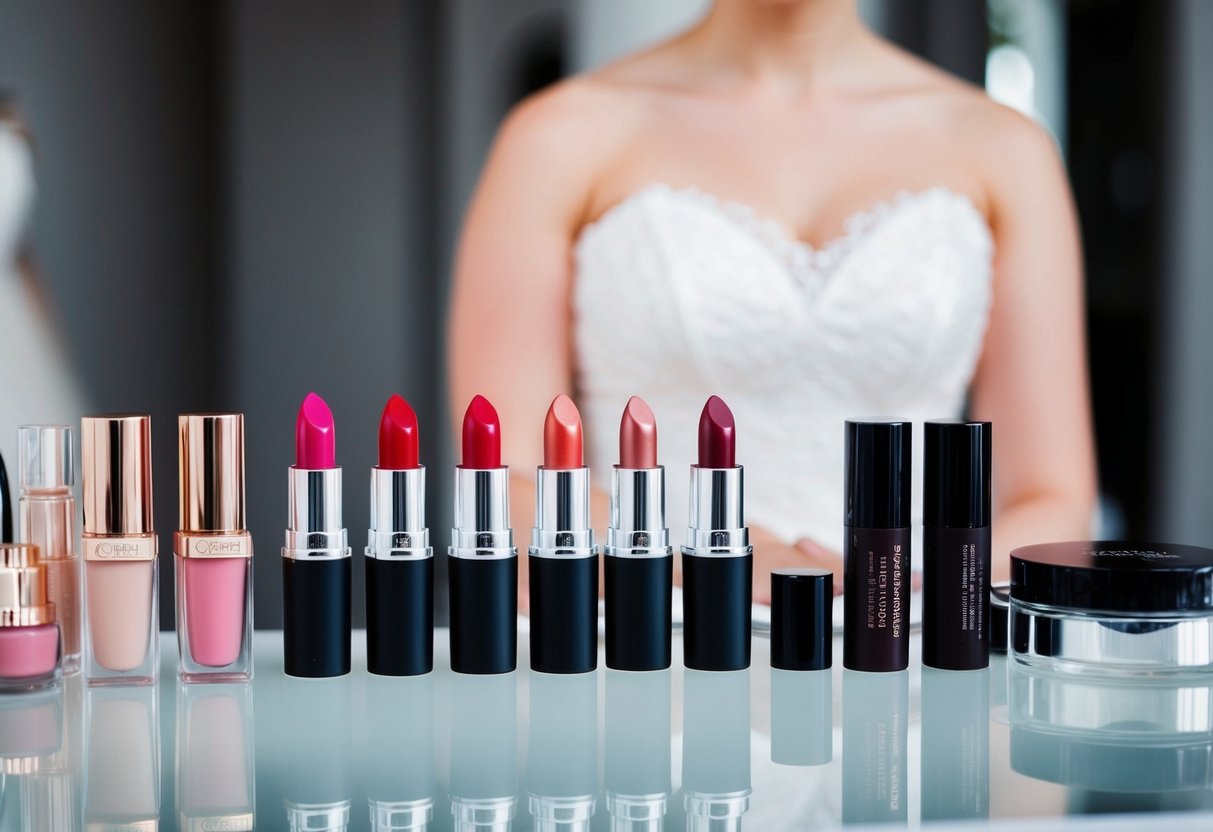 A bride's makeup table with various shades of lipstick, including red, arranged neatly alongside other beauty products