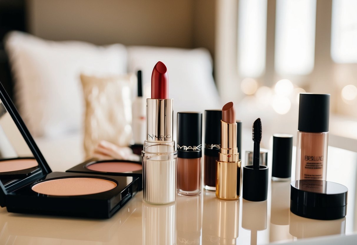 A bride's makeup table with neutral lipstick and a variety of makeup products