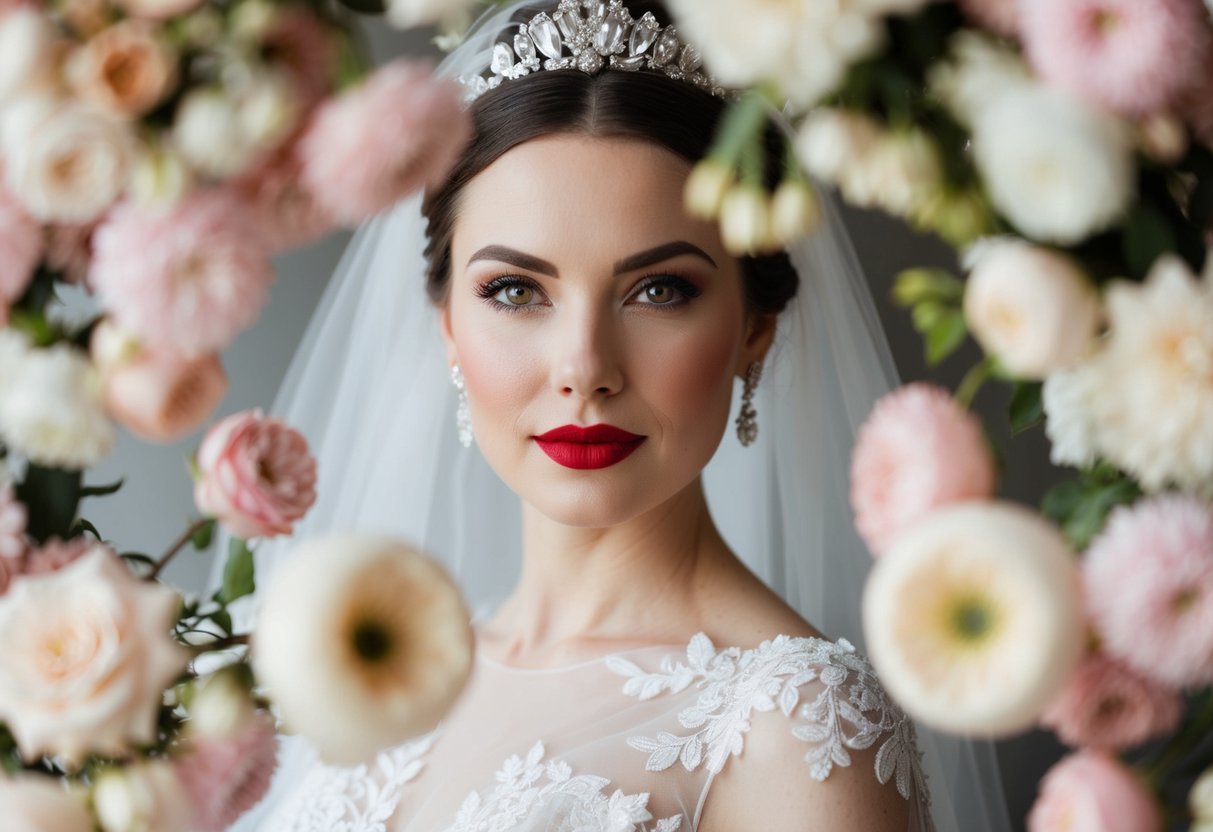 A bride with a bold red lipstick, surrounded by soft, romantic flowers and elegant bridal accessories