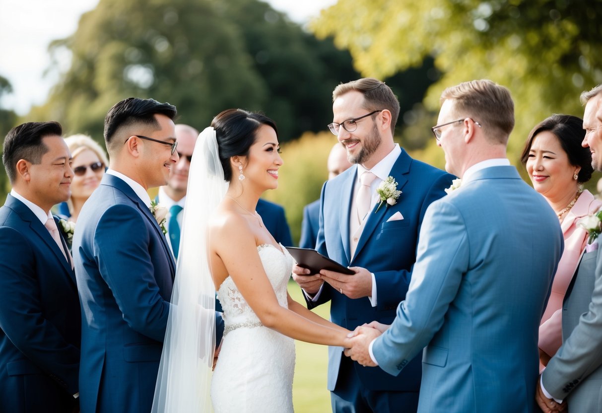 A bride in a white dress surrounded by loved ones, exchanging vows in a beautiful outdoor setting