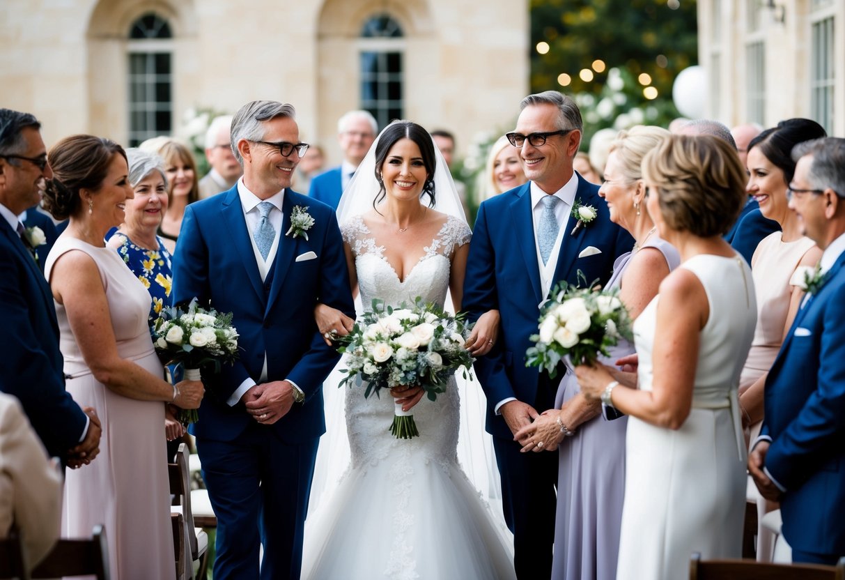 A bride in a white dress surrounded by family and friends at a second wedding ceremony