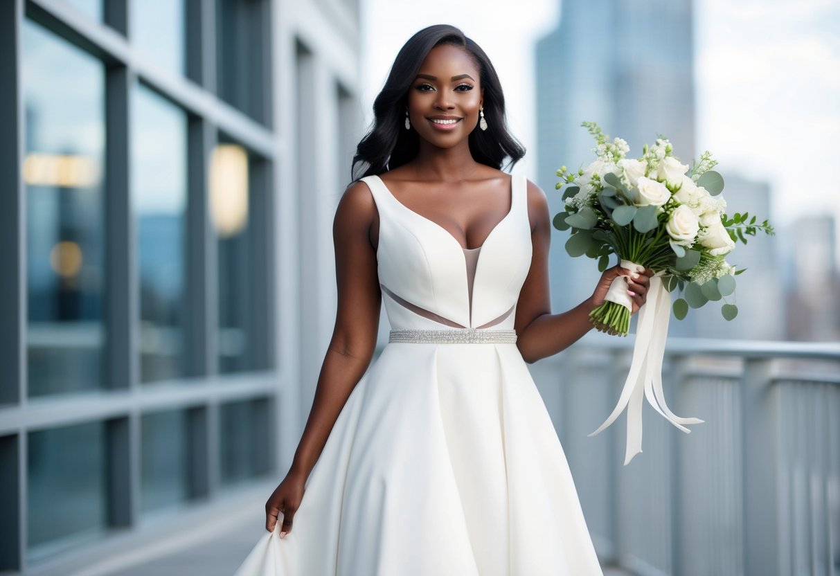 A contemporary bride in a white dress with modern details, standing confidently with a bouquet in hand