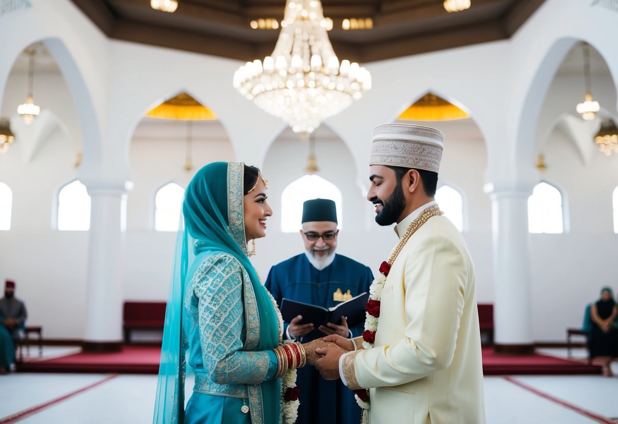 A Muslim couple in traditional attire exchange vows in a white-walled mosque