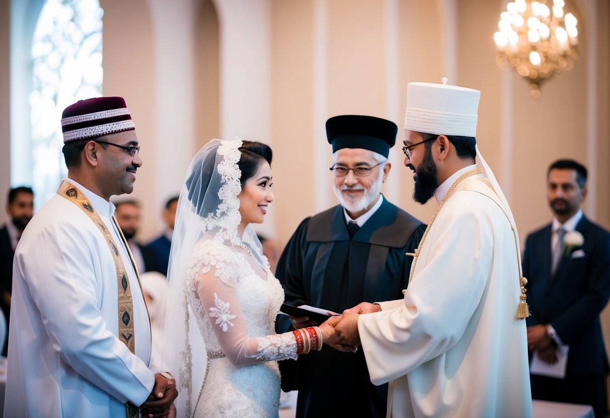 A traditional Muslim wedding ceremony with a white bridal gown and a religious officiant