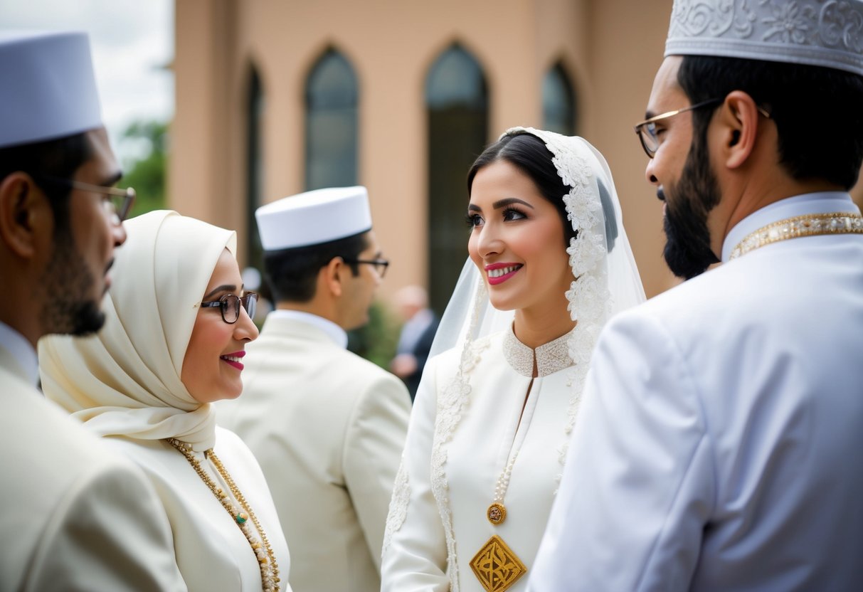 A modern Muslim wedding with interfaith elements. White wedding attire and traditional Islamic symbols present