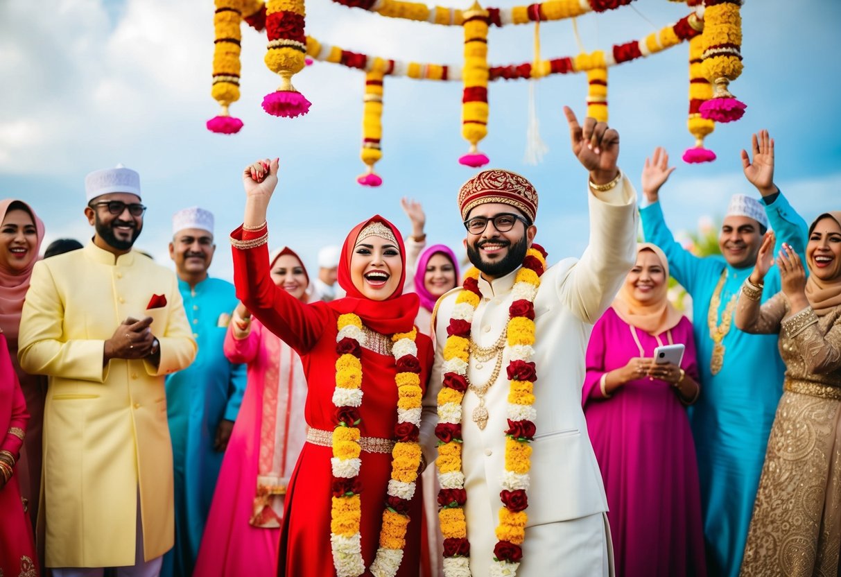 A colorful Muslim wedding with traditional decorations and joyful guests celebrating the union of the couple