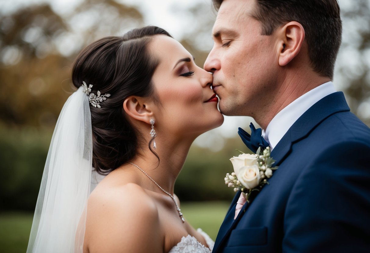 A figure in formal attire kisses the bride on the cheek