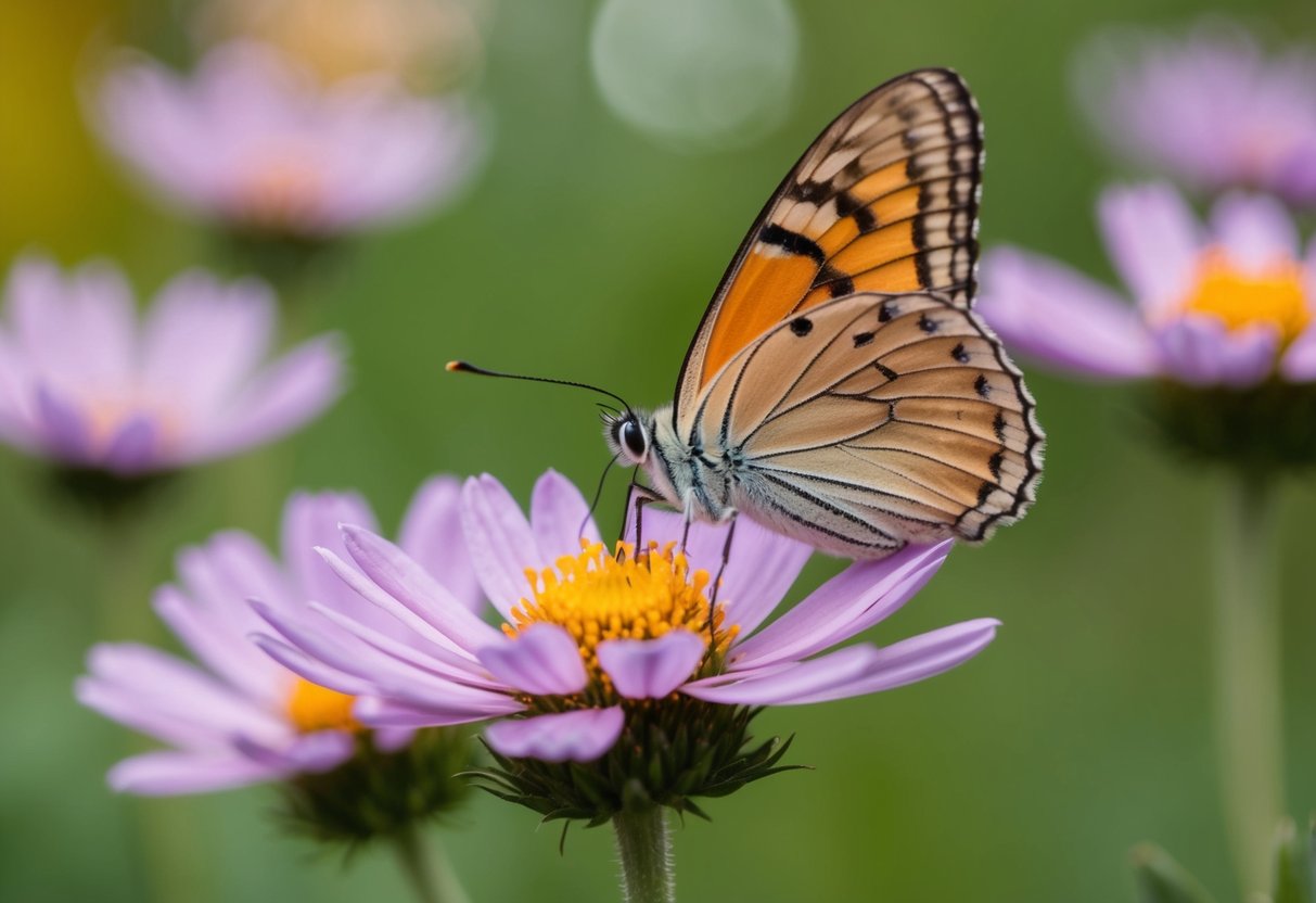 A butterfly lands on a blooming flower, gently touching its petals with its delicate proboscis