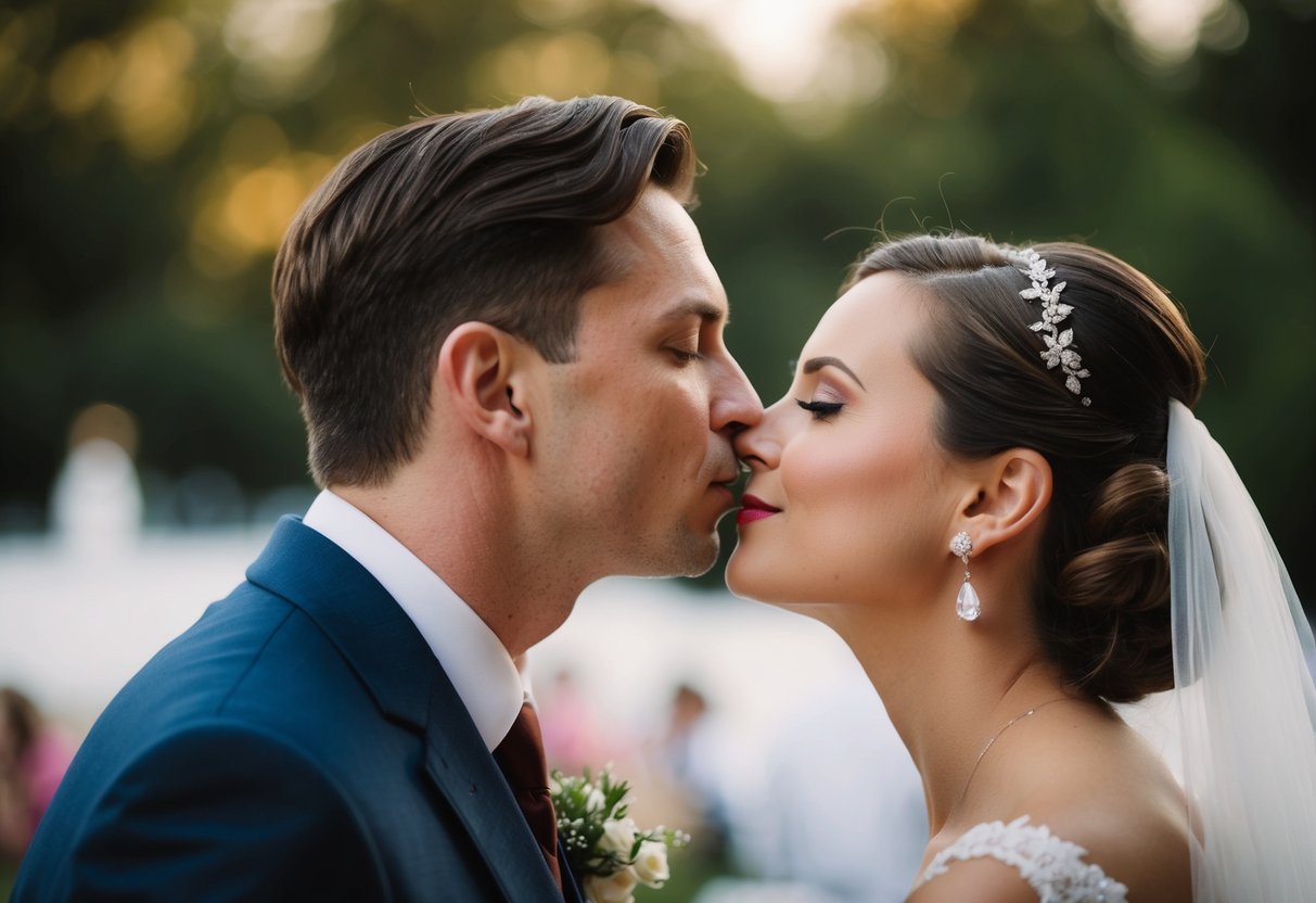 A figure in formal attire leans in to kiss the bride on the cheek