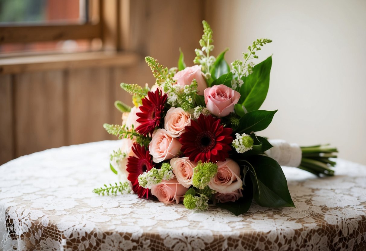 A bouquet of flowers resting on a lace-covered table
