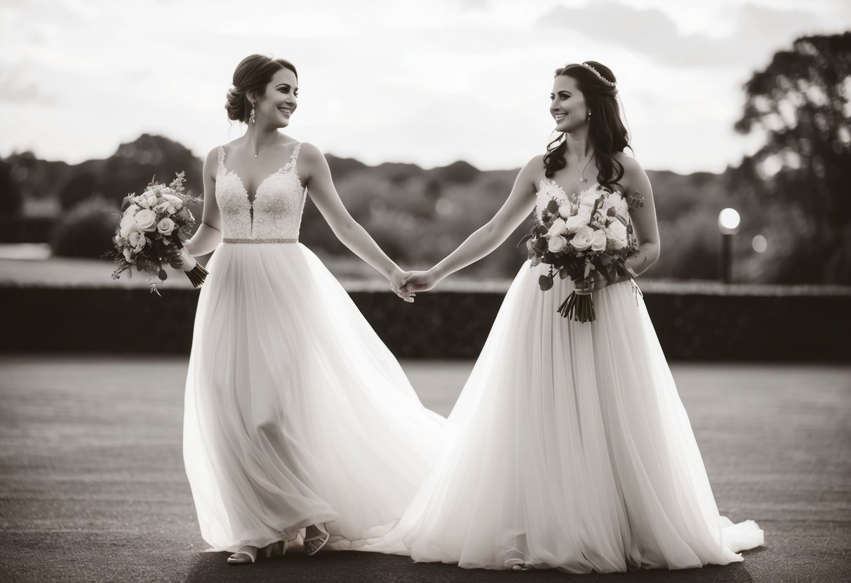 A woman in a flowing gown holds a bouquet while standing beside the bride, symbolizing her role as the bride's best girl