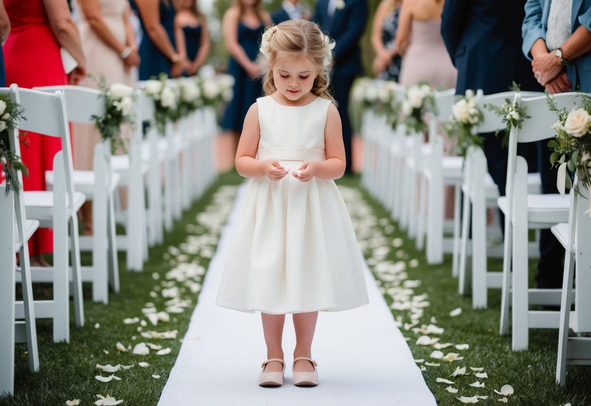 A flower girl sprinkles petals along the wedding aisle