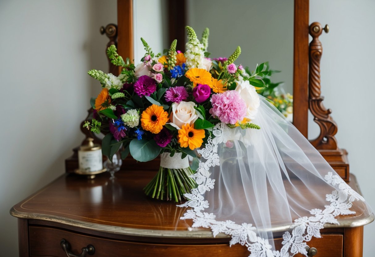 A bouquet of vibrant flowers and a delicate lace veil rest on a vintage dressing table