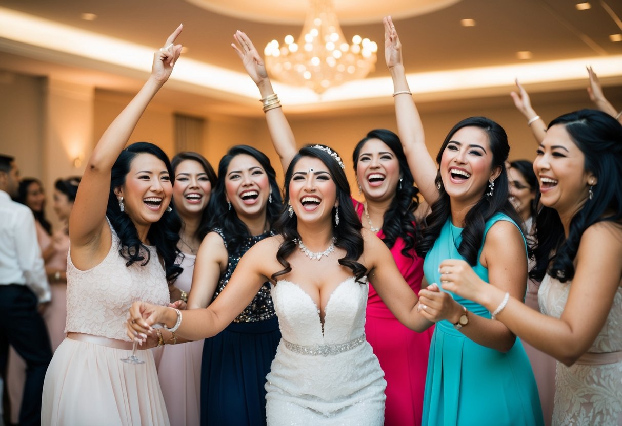 A group of women celebrating with the bride, laughing and dancing at pre-wedding and post-wedding events