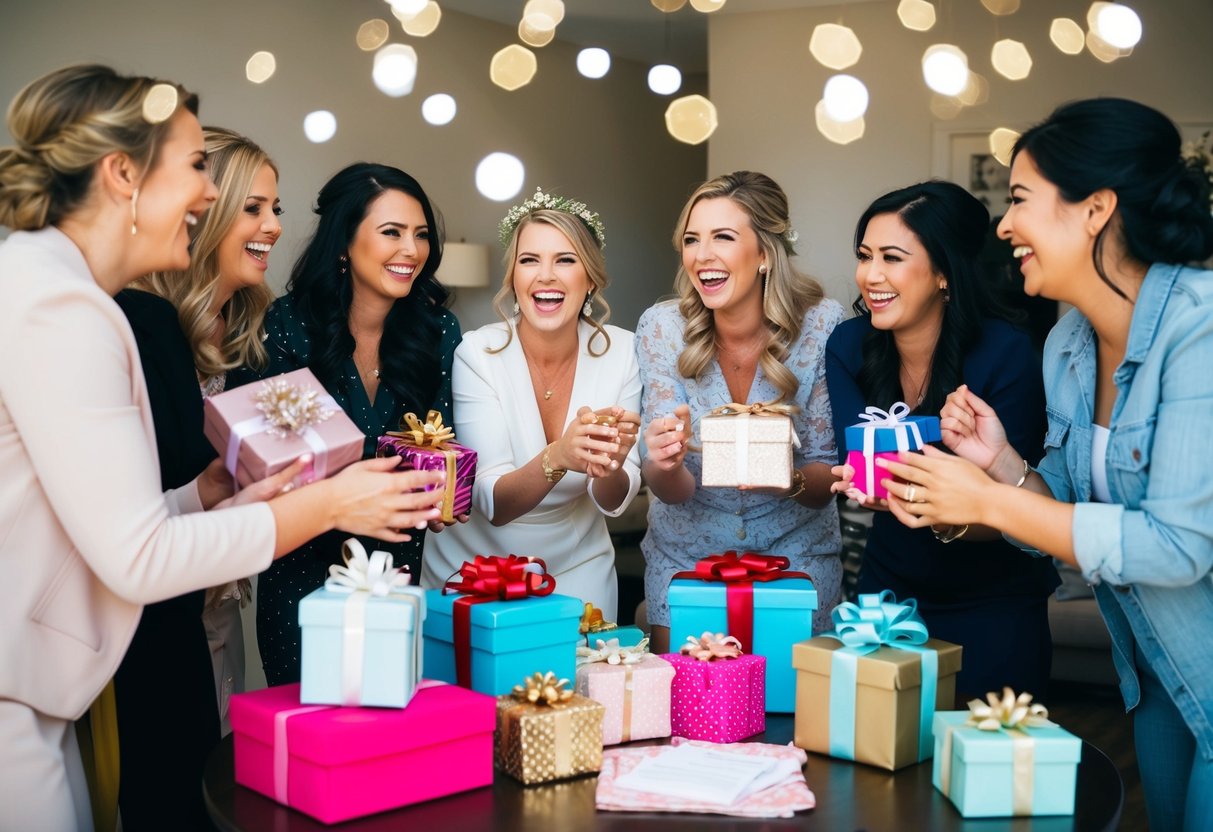 A group of women gather around a table filled with gifts and decorations, celebrating a bride-to-be with laughter and joy