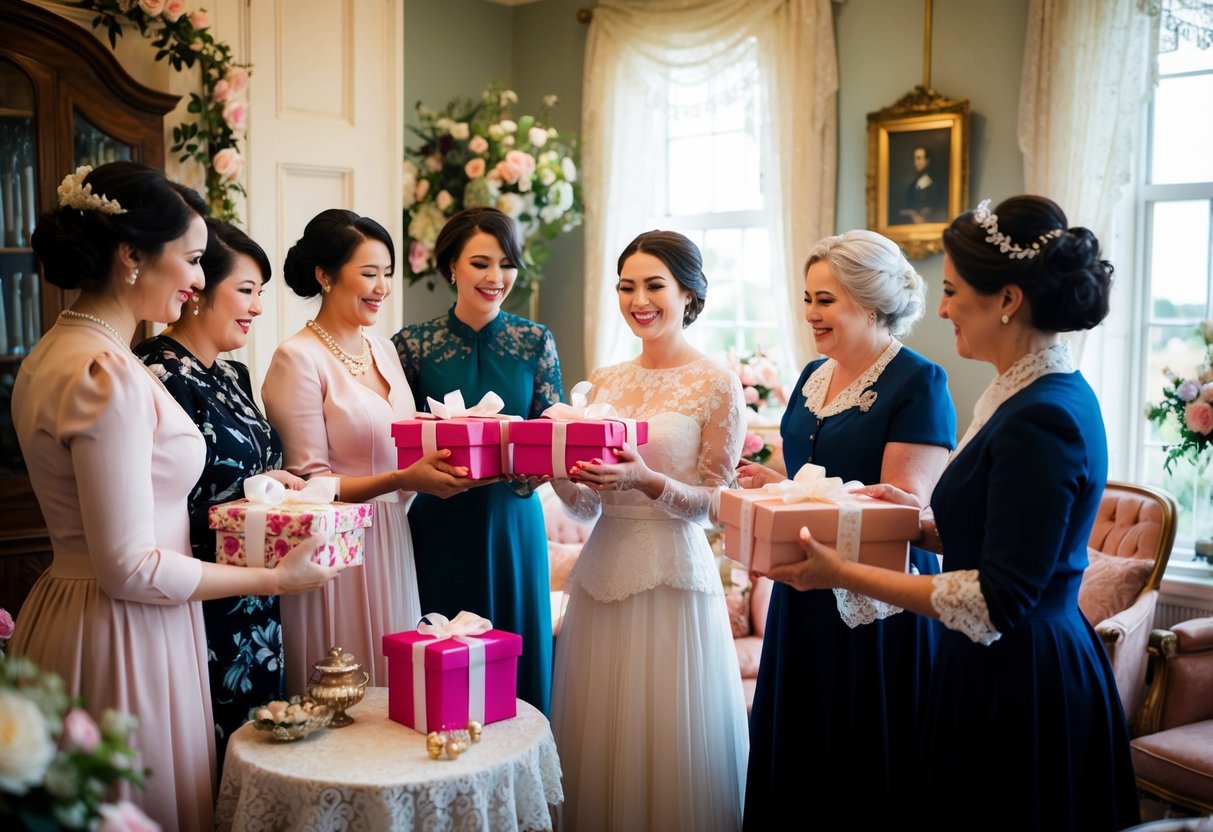 A group of women gather in a Victorian-era parlor, presenting gifts to a blushing bride-to-be. Flowers and lace adorn the room, creating an atmosphere of feminine elegance and celebration