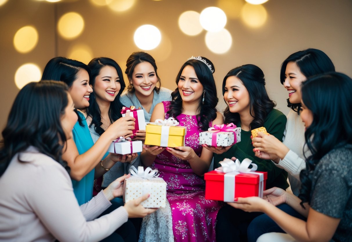A group of women gathering to celebrate a bride-to-be, sharing gifts and advice in a festive, supportive atmosphere