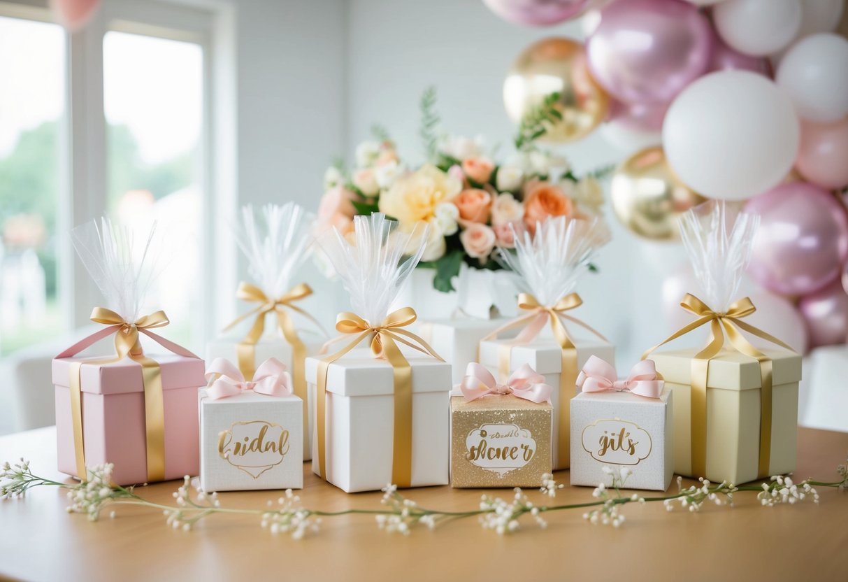 A group of elegant, modern bridal shower decorations and gifts arranged on a table