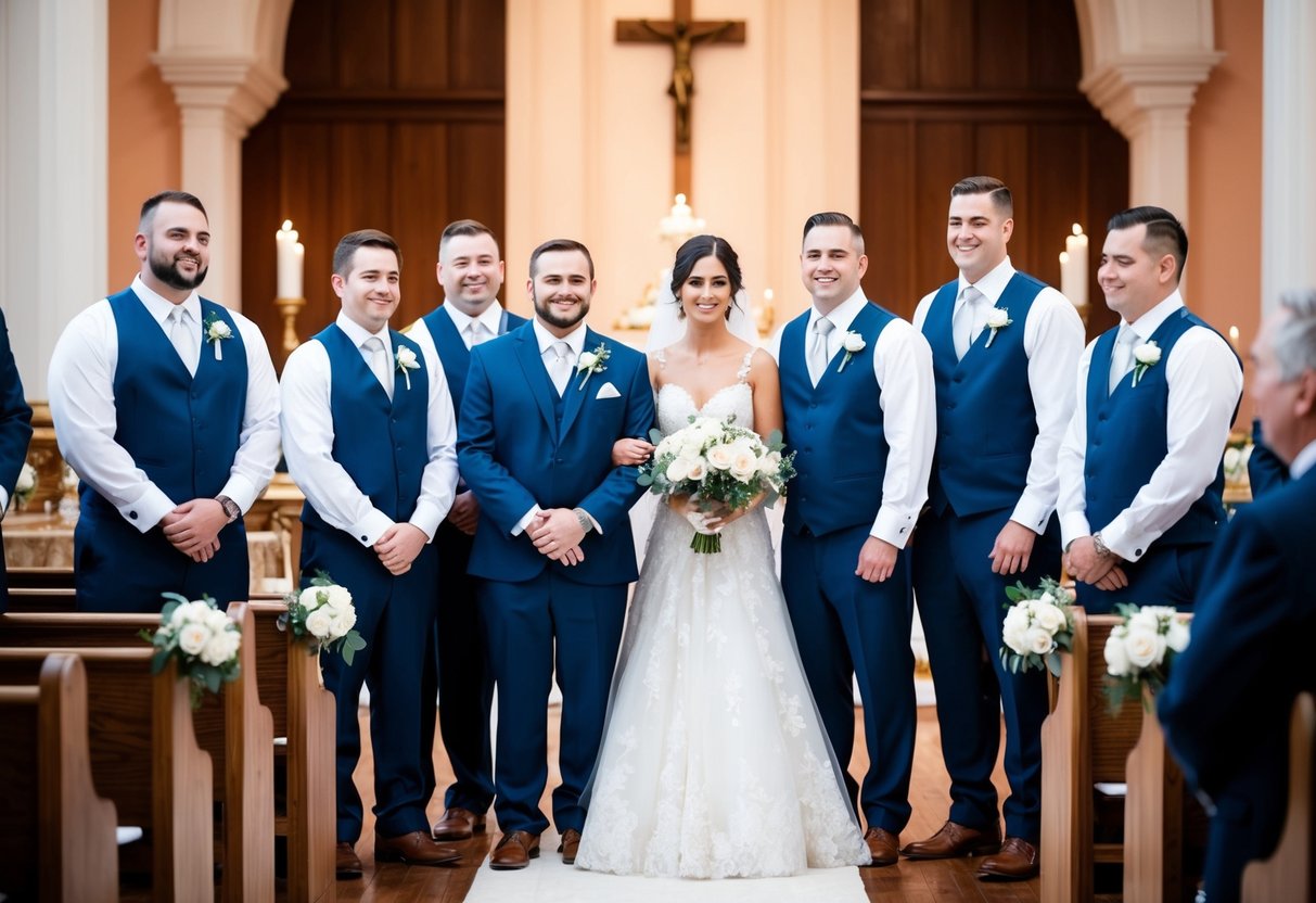 A group of male attendants in matching attire stand beside the bride at the altar