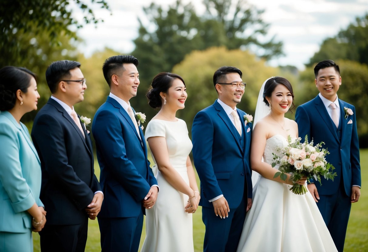 A group of individuals in formal attire stand beside a bride, with one man standing closest to her. He holds a bouquet of flowers and smiles