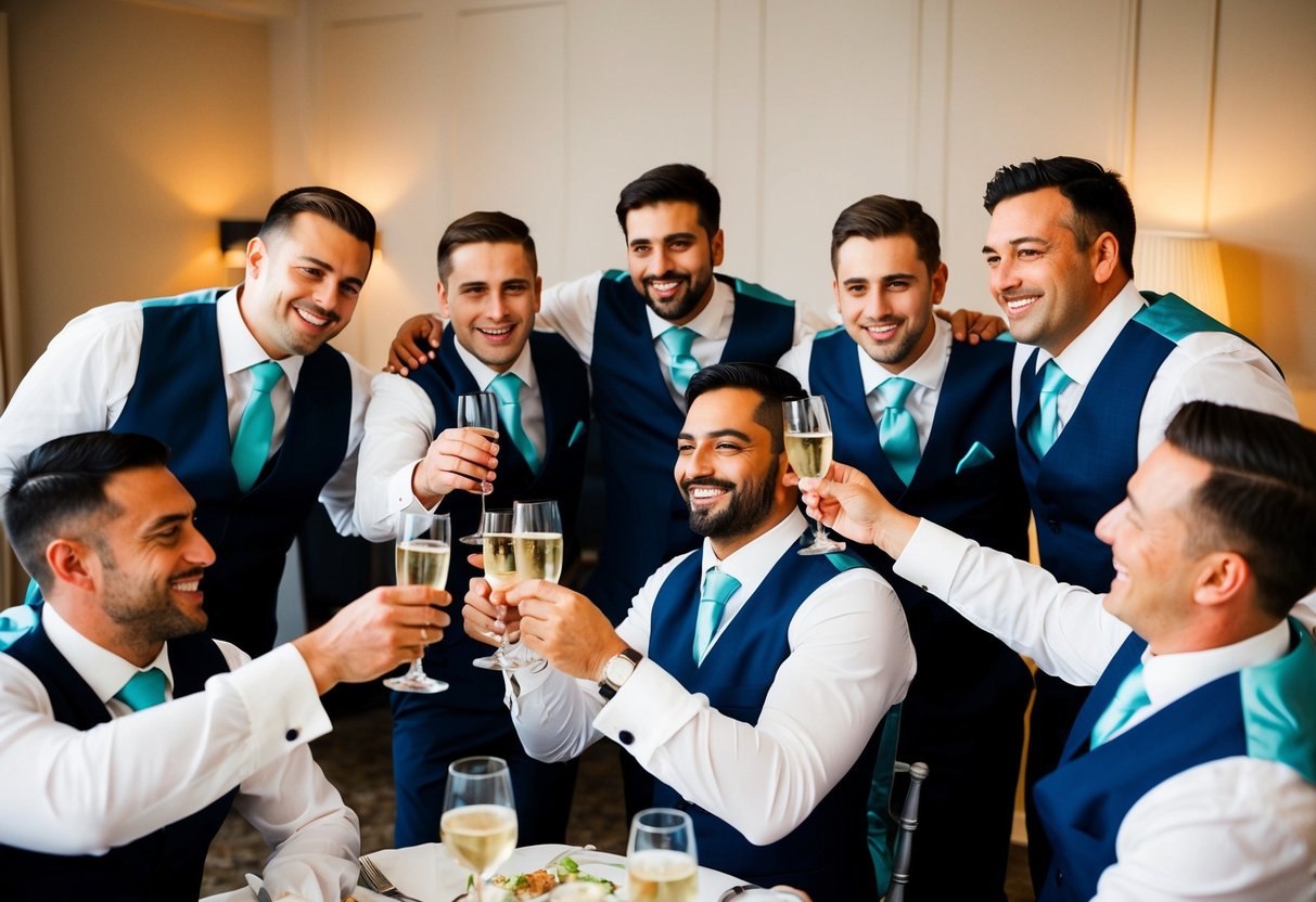 A group of men celebrate with the groom at a pre-wedding party. They toast, laugh, and pose for photos
