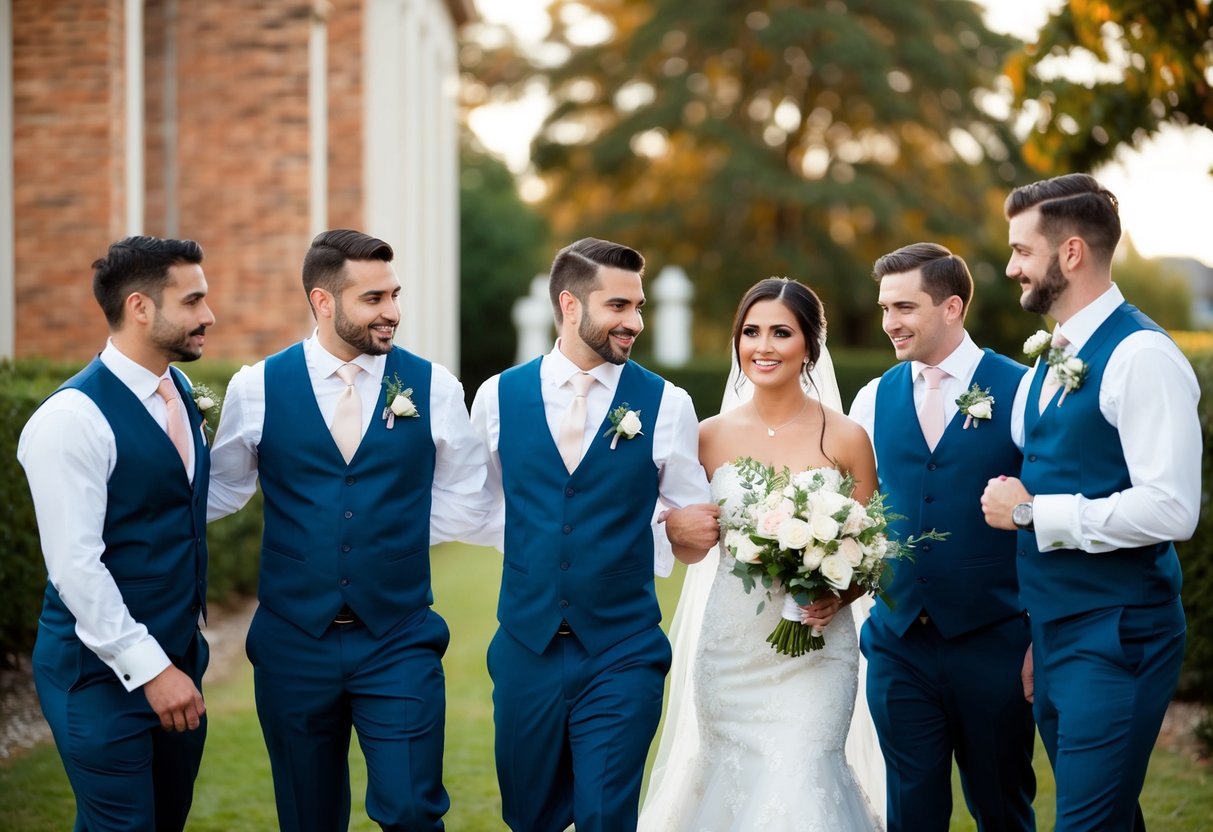 A group of male attendants in matching attire assist the bride on her wedding day, participating in pre-ceremony rituals and supporting her throughout the celebration