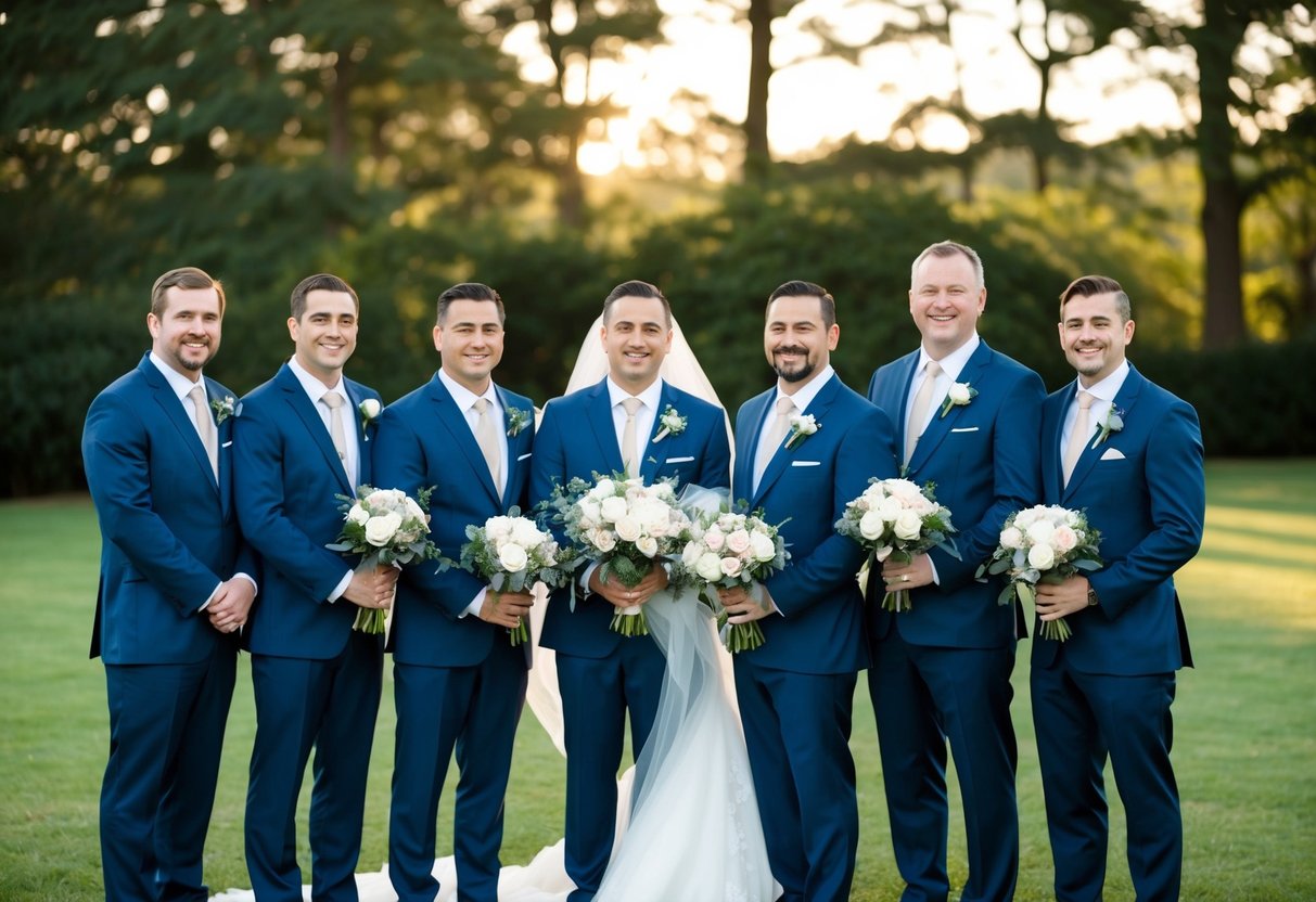 A group of men in formal attire stand next to the bride, holding bouquets and smiling