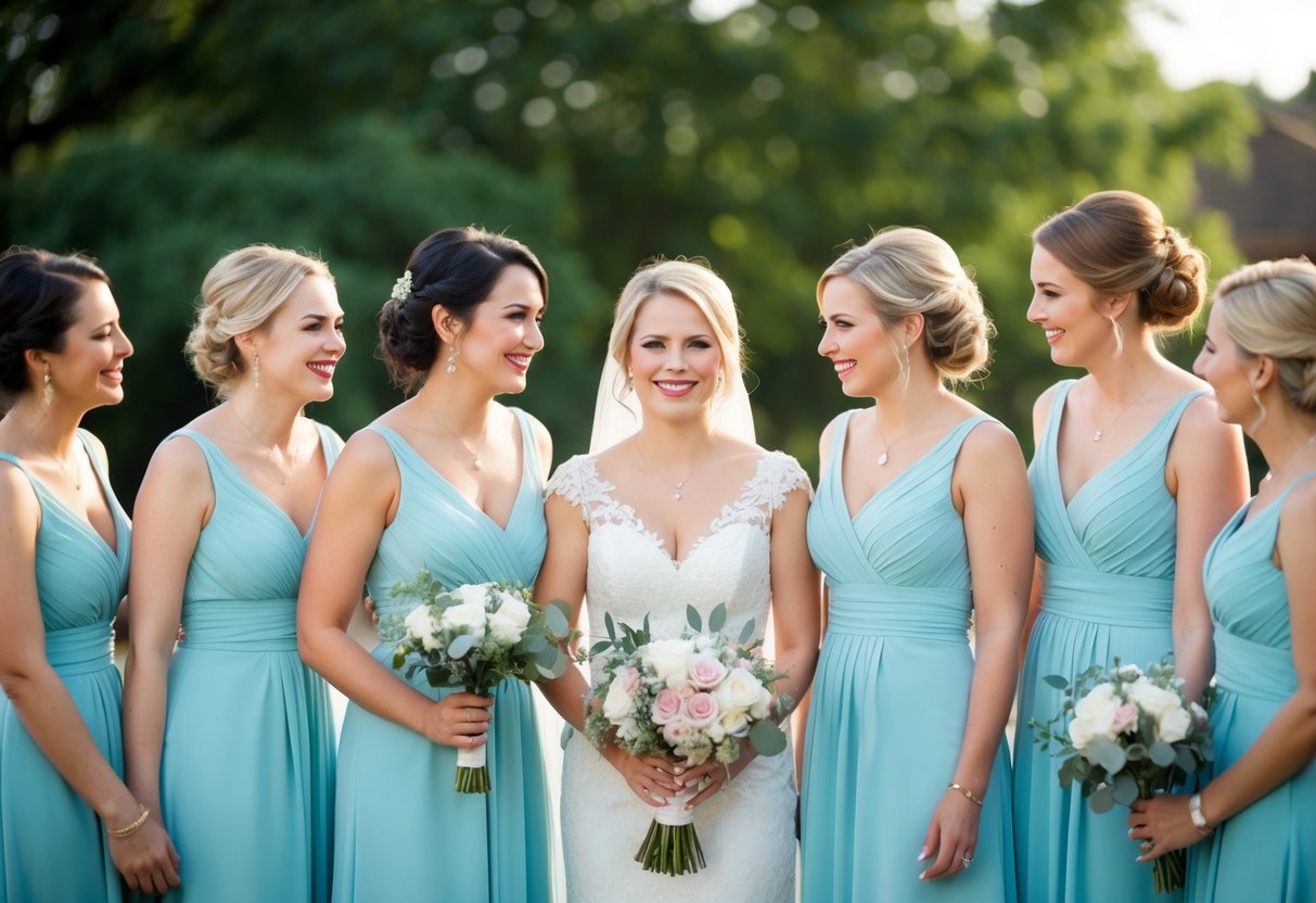 A group of women in matching dresses stand together, one slightly apart. She smiles and holds a bouquet, while the others chat and pose for photos