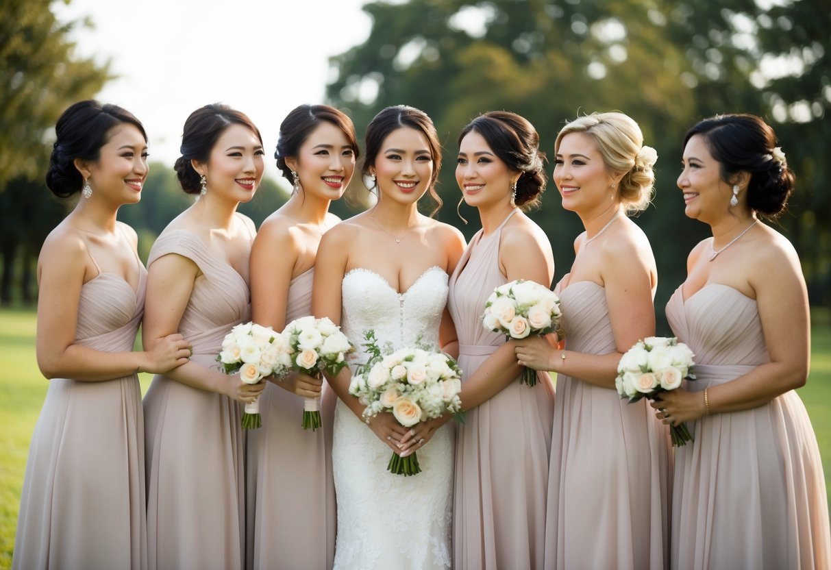 A group of women in elegant dresses stand together, one slightly apart, symbolizing the significance of a bridesmaid in a wedding
