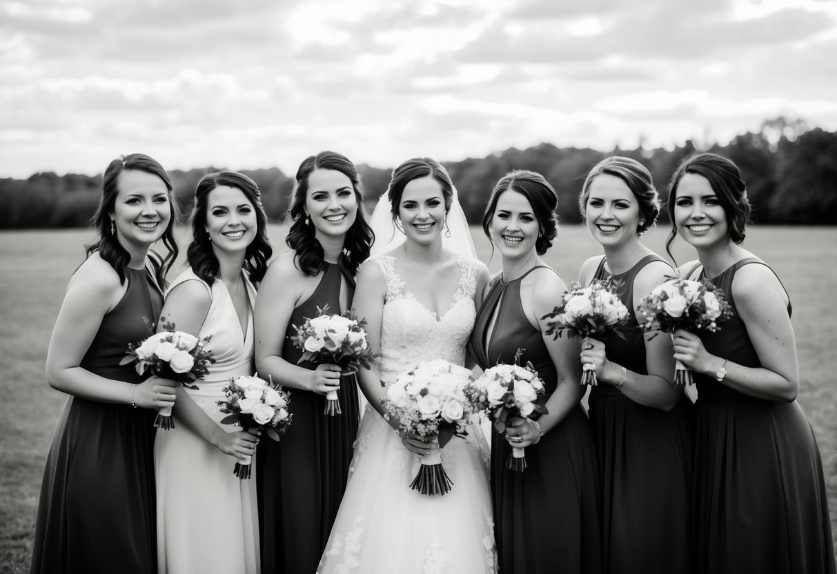 A group of women standing together, one wearing a wedding dress and the others in bridesmaid attire, smiling and posing for a photo