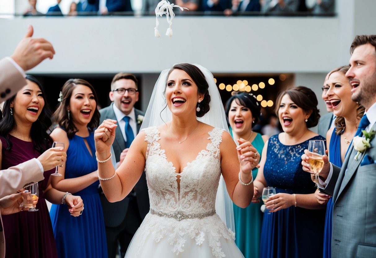 A bride tosses her garter to a group of excited wedding guests