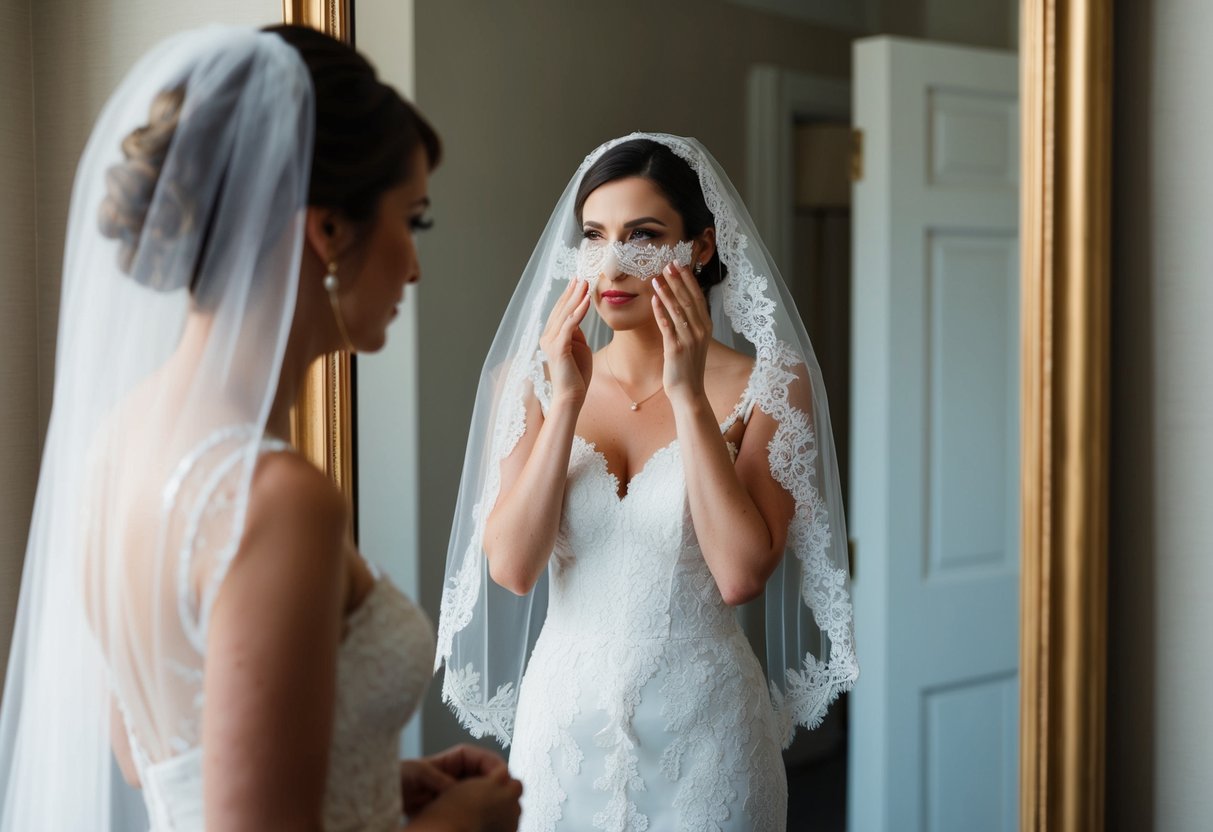 A bride stands before a mirror, holding a delicate lace veil in her hands, contemplating whether to cover her face