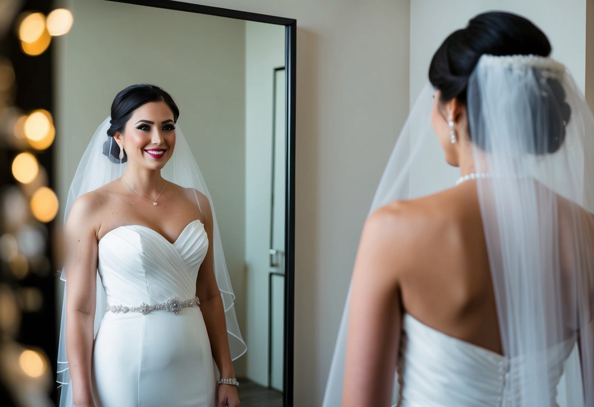 A bride standing in front of a mirror, wearing a modern wedding gown with a veil covering her face