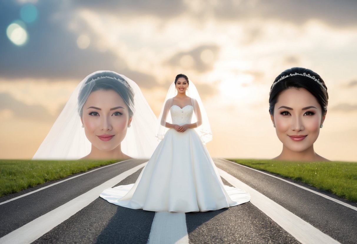 A bride standing at a crossroads, one path leading to a traditional veil covering her face, the other path leading to an unveiled face with a confident expression