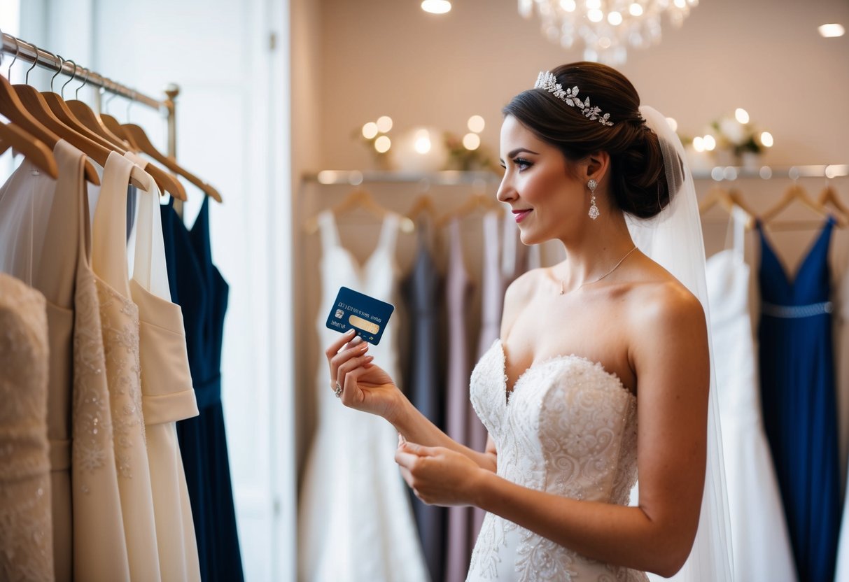 A bride holding a credit card while looking at a wedding dress in a boutique