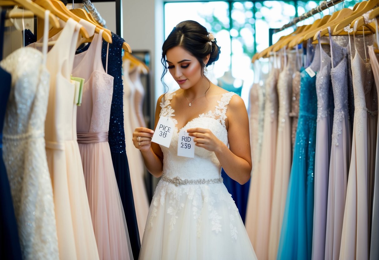 A bride carefully examines price tags on wedding dresses in a boutique, surrounded by racks of elegant gowns
