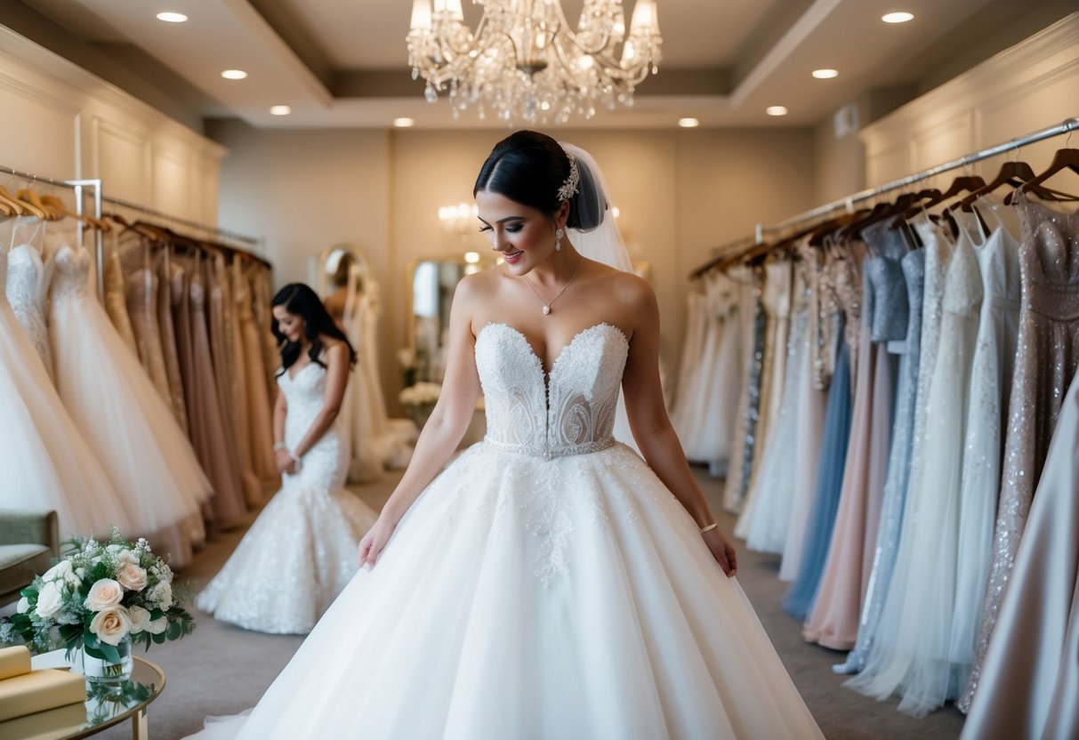 A bride browsing through a selection of wedding dresses in a luxurious bridal boutique, surrounded by elegant gowns and accessories