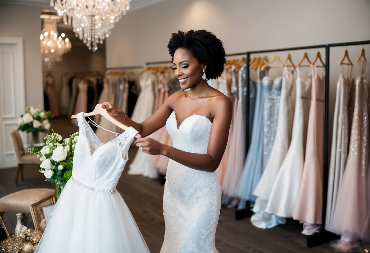 A bride confidently purchasing her own wedding dress at a boutique, surrounded by elegant gowns and accessories, exuding independence and empowerment