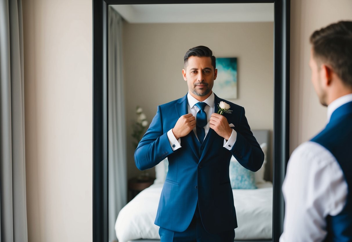 A groom standing in front of a mirror, adjusting his suit and tie for his wedding day