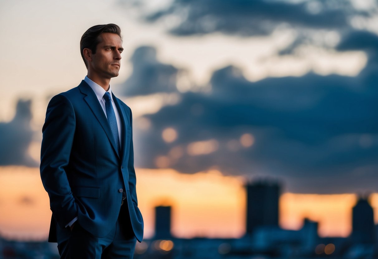 A suited figure standing alone, looking contemplative