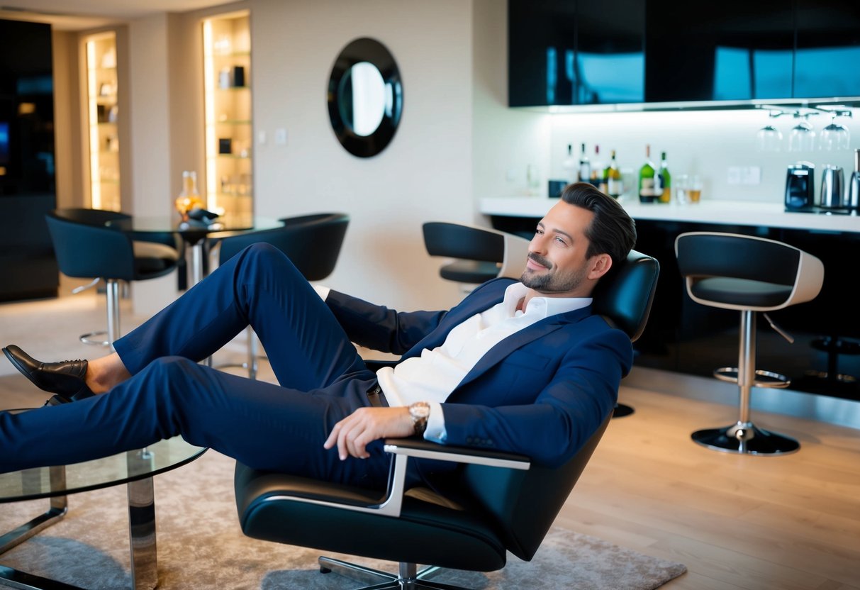 A man lounging in a sleek, modern apartment, surrounded by expensive gadgets and a well-stocked bar