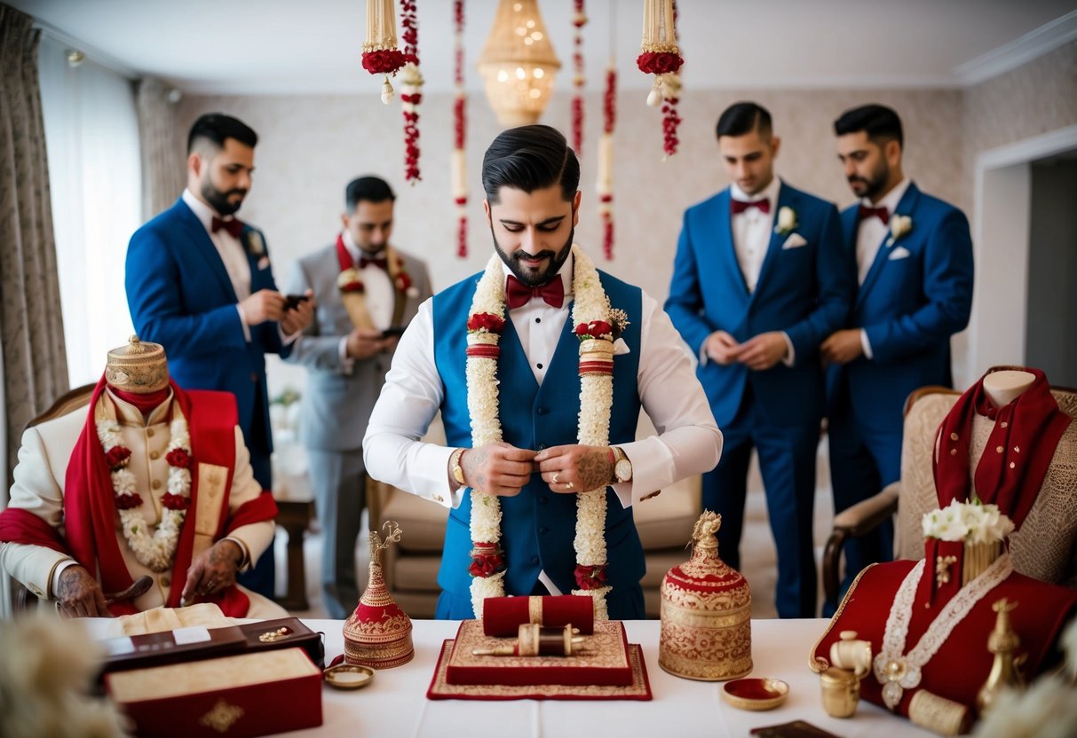 A groom-to-be preparing for his wedding, surrounded by traditional wedding attire and decorations