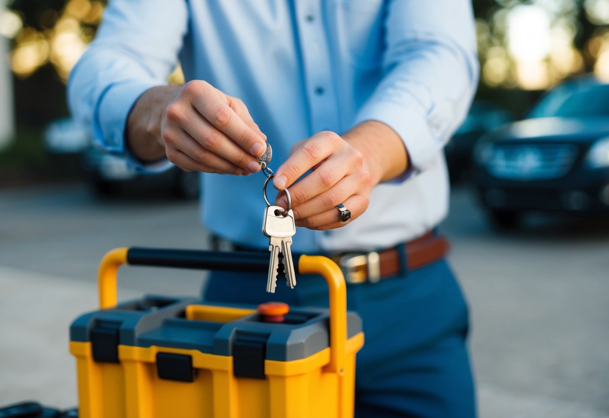 A man holding a set of keys, a toolbox, and a wedding ring